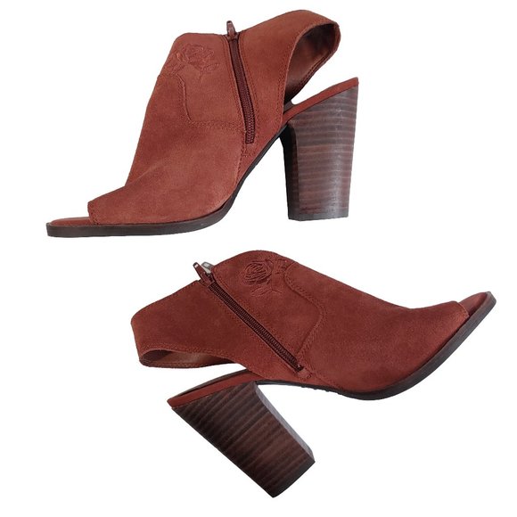 Lucky Brand red Orange Retro 70s Western Embroidered Leather Bootie - Picture 2 of 9